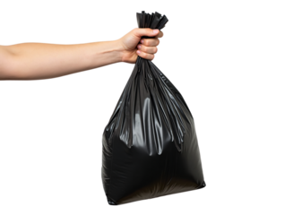 A person's hand and part of their forearm are depicted firmly clutching the gathered and tied neck of a full black plastic garbage bag. 