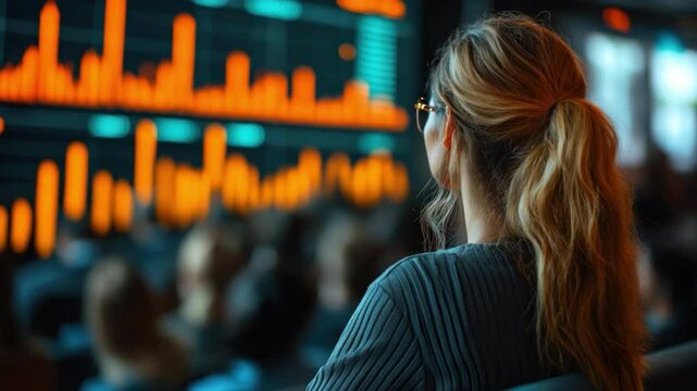 A businesswoman, engrossed in the fluctuating market analysis, personifies unwavering focus as she monitors the evolving financial landscape.