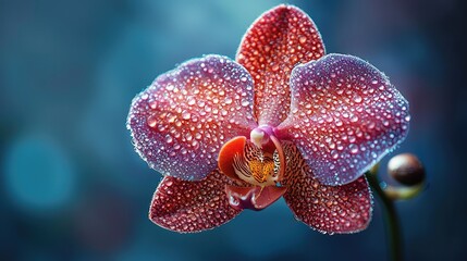 Vibrant orchid flower with dew drops.