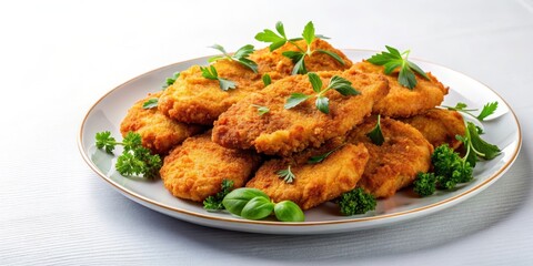 Crispy fried chicken cutlets on a plate, garnished with fresh herbs and served on a white background, fried chicken
