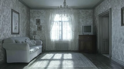 Fototapeta premium Dimly lit living room featuring a white sofa and television