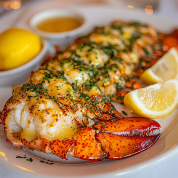 Grilled lobster tail, seasoned with herbs and butter, served with lemon wedges
