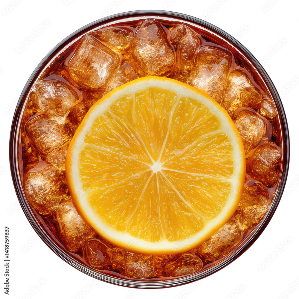 Poster refreshing citrus beverage with ice cubes and lemon slice on top, isolated on transparent background