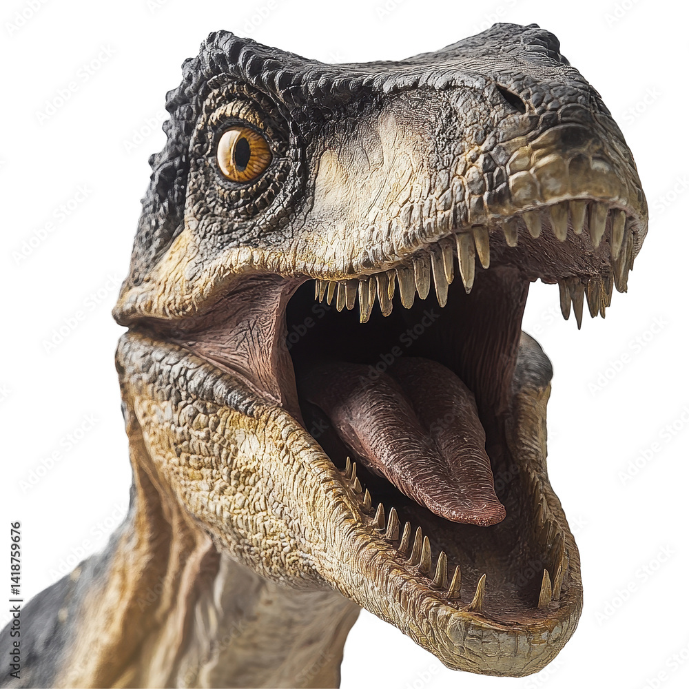 Aufkleber close up view of a dinosaur with its mouth open showcasing intricate details on a transparent backgr