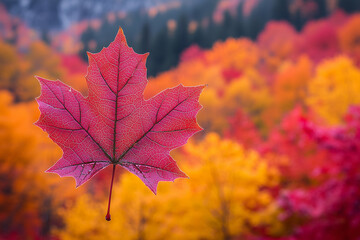 Leaf with a Background of Fall Foliage: A close-up of a single leaf with a blurred background of a vibrant autumn landscape