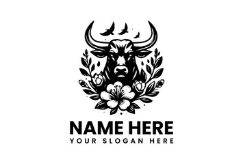 Strong Bull Emblem: A formidable bull, crowned by a majestic floral and bird motif, symbolizes strength and resilience, ideal for representing nature.