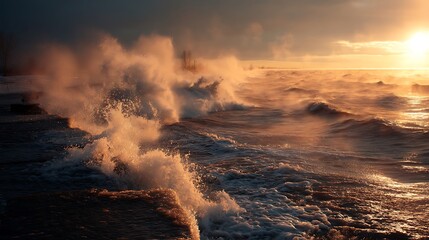 Powerful winter waves crash against icy shore at sunrise
