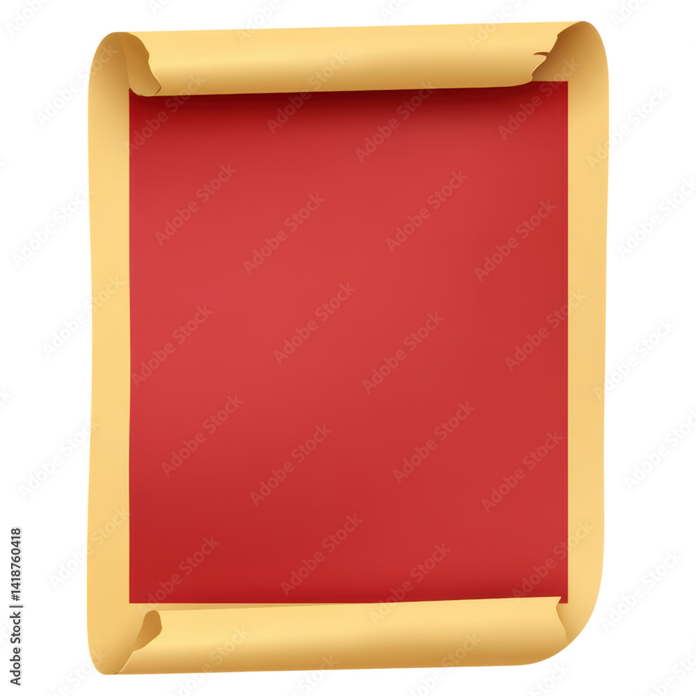 Poster vintage styled red background with rolled edges and paper texture, isolated on transparent backgroun
