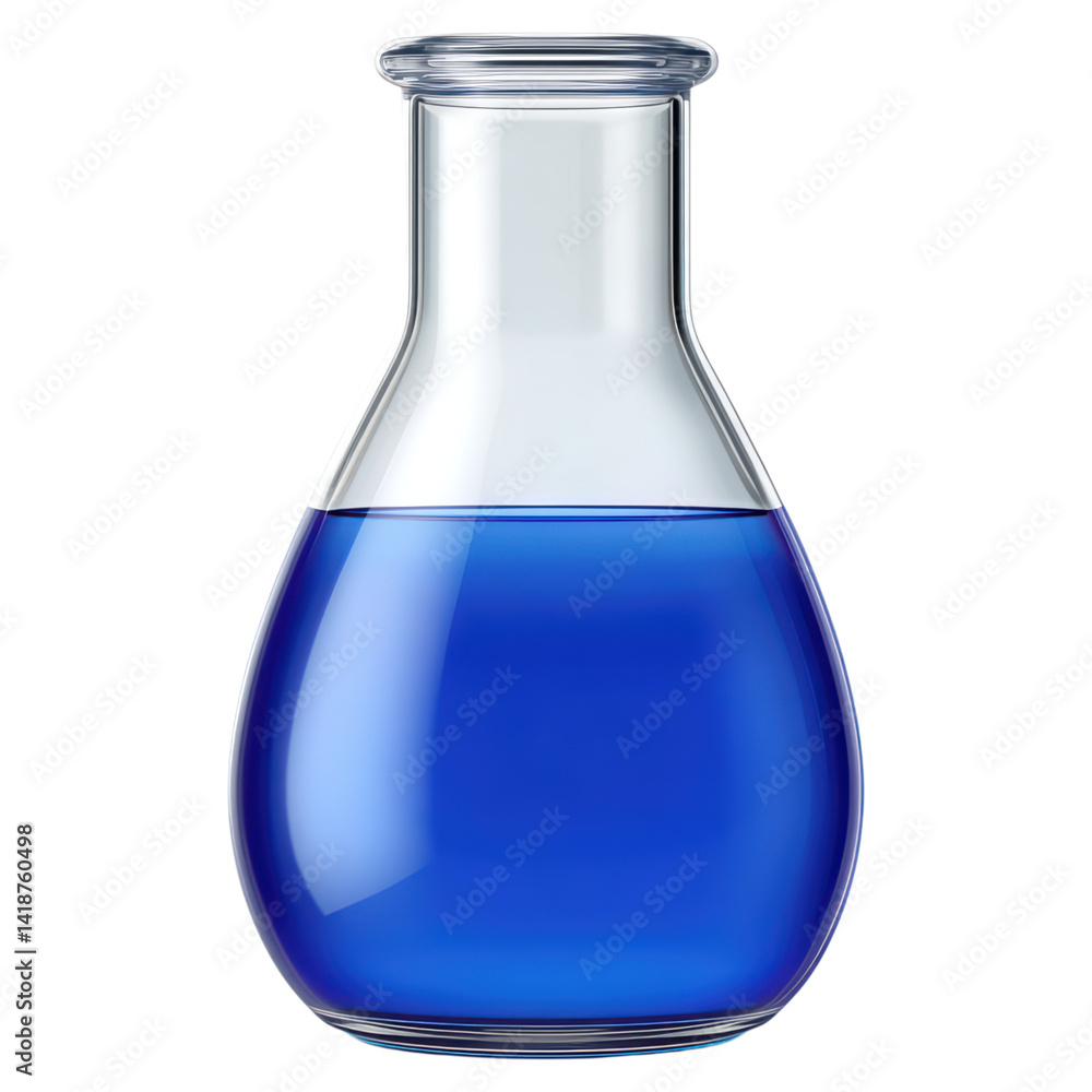 Poster laboratory flask with blue liquid for science experiments and research, isolated on transparent back