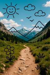 Whimsical photo of a mountain trail with hand-drawn doodles of sun, clouds, trees, and flowers over real landscape, blending nature photography with playful sketch art.