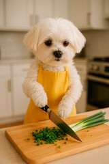 A cute fluffy white dog resembling a Maltese, standing on two legs in a modern kitchen, wearing a yellow apron, holding a knife, chopping green onions on a wooden board, focused