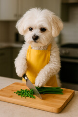 A cute fluffy white dog resembling a Maltese, standing on two legs in a modern kitchen, wearing a yellow apron, holding a knife, chopping green onions on a wooden board, focused