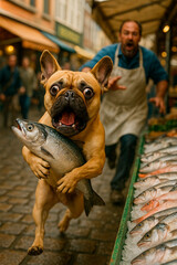 Humorous, photorealistic scene in a lively Dutch market. A French bulldog runs on two legs holding a big silver fish, chased by a shocked fishmonger. Fresh fish displayed on ice nearby.