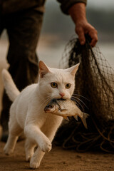 A realistic cinematic photo of a white cat stealing a fish from a fisherman's net and runs away