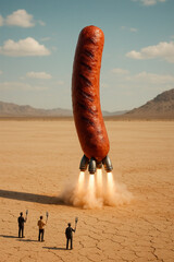 A space merguez landing urgently in a desert. The helmet is removed, and thrusters are added to the merguez as it lands. Tiny humans stand nearby with forks, waiting for the merguez to arrive.