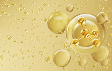 Cosmetic oil or Cosmetic Essence with molecule, Liquid Oil bubble background