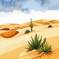 Desert landscape with cacti and plants under a blue sky  