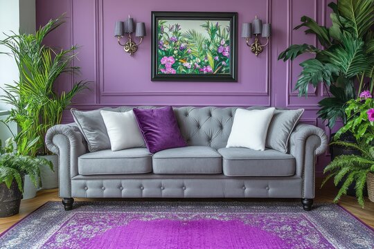 Gray sofa with white and purple pillows in violet room