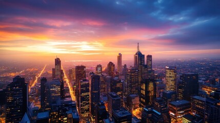 Obraz premium Melbourne Cityscape at Sunset: A Stunning Aerial View of Australia's Vibrant Metropolis