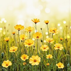 Fototapeta premium Vibrant yellow flowers blooming in a sunny meadow background 