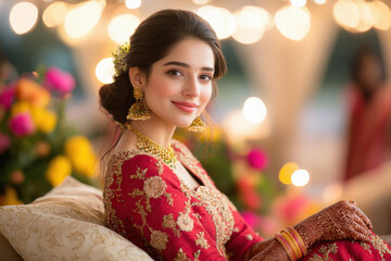 young beautiful Indian bride in red lehenga and jewelry