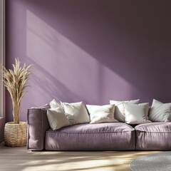 Elegant purple living room features comfortable sofa with pillows