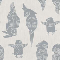 Funny cartoon parrots. Soft gray-blue tone of design. Seamless pattern.