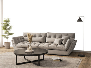 Free PNG wallpaper mockup in Interior Living Room, Cozy living room with a comfortable sofa and coffee table 3D rendering	
