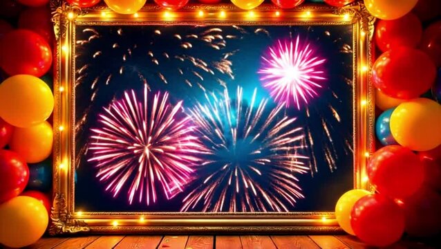 Bursting Fireworks and Floating Balloons Celebration Frame Animation
