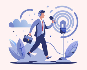 Podcast listening, microphone broadcasting with knowledge learning, personal development or voice communication to success concept, businessman walking on sound wave from podcasting microphone