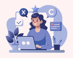 Customer experience, CX or UX user experience, feedback or comment, opinion on product and service, user satisfaction positive or negative feedback concept, woman on mobile giving experience rating
