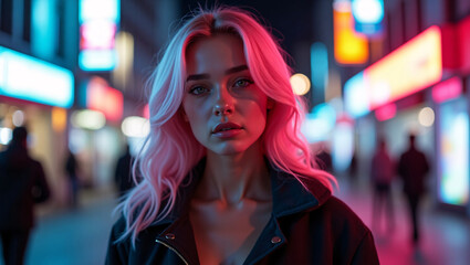 A woman with pink hair standing in a neon-lit street, capturing an enigmatic mood. Her expressive face and fashionable attire create a captivating image against the backdrop of urban vibrancy.