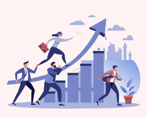 Effort to improve and grow business, teamwork or team collaboration to help pushing company to success, career growth or growing company concept, business people team help pushing arrow rising up.