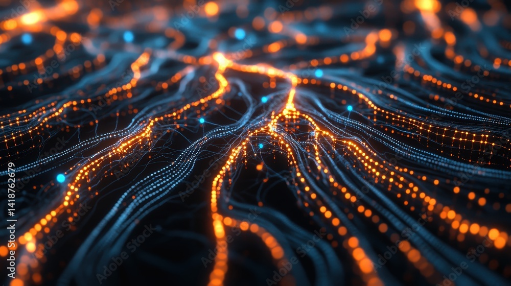 Poster a close-up of a neural network, where ai processes data flow through complex, glowing pathways
