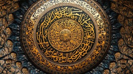 Fototapeta premium A close-up of a mosque dome adorned with golden Arabic calligraphy.
