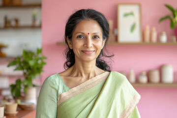 a middle aged indian women wearing pastel green saree on salmon pink interior store background