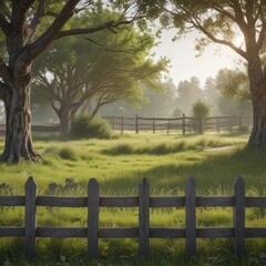 Realistic outdoor poster on weathered fence  Trees and grassy park backdrop ,  rural,  branding