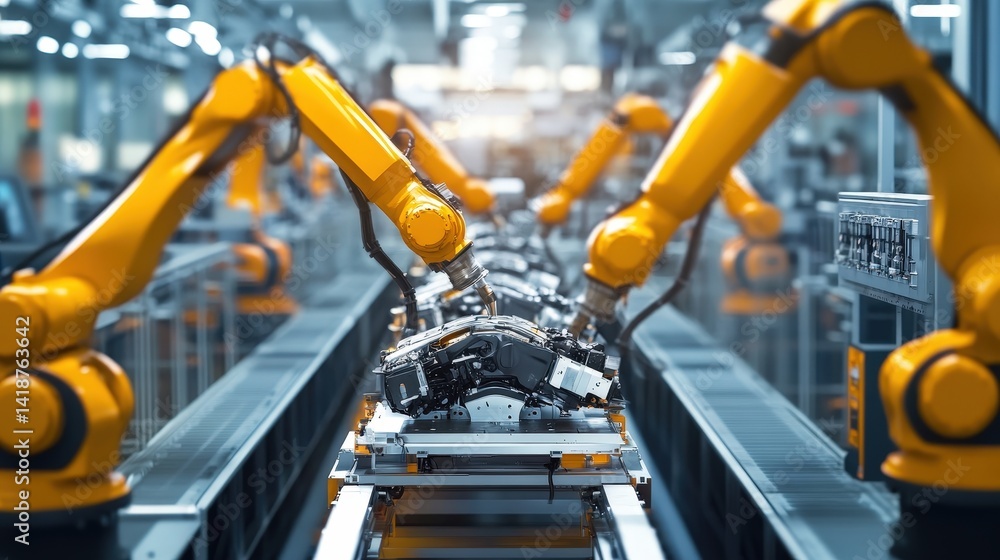 Poster robotic arms installing car engines with precision inside a modern automotive factory