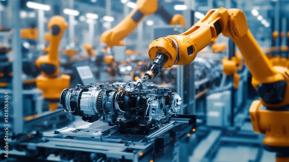 Poster robotic arms installing car engines with precision inside a modern automotive factory