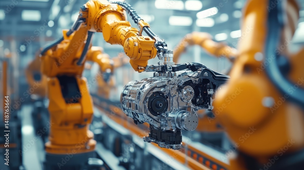 Poster robotic arms installing car engines with precision inside a modern automotive factory