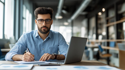 Freelance graphic designer using drawing tablet and laptop, modern creative workspace, daylight and sketch paper on desk