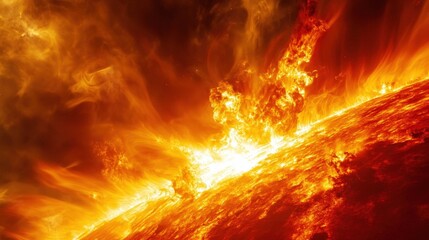 A close-up view of the sun surface, showing its fiery texture and solar flares