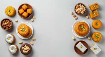 Obraz premium Assorted Colorful Indian Sweet Desserts in Bowls with Nuts and Garnishes on a White Background