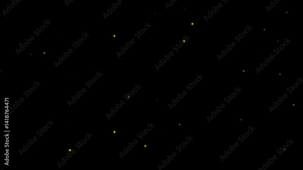 Poster realistic yellow floating dust particle effect on black background for dynamic overlays