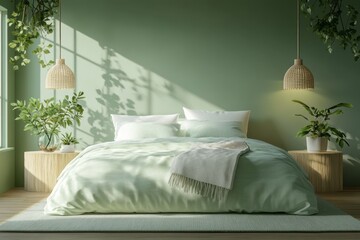 Serene bedroom features green hues plants and natural light streaming in