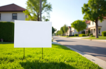 Blank yard sign in green grass on the house background. Yard sign mockup