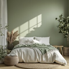 A serene and stylish bedroom features a harmonious green palette