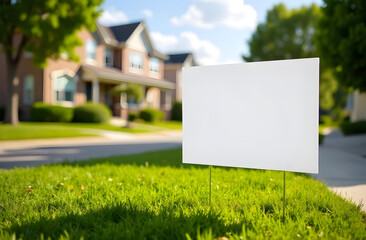 Blank yard sign in green grass on the house background. Yard sign mockup