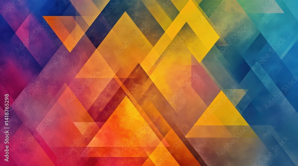 Poster A colorful geometric background with overlapping translucent triangles in various shades, creating a modern abstract design.