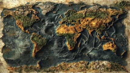 Detailed world map, textured, vintage style